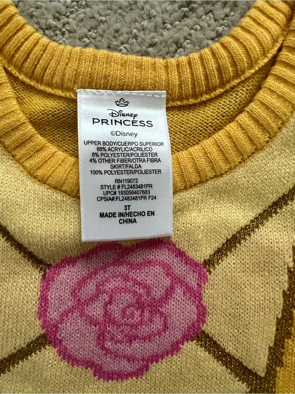 Disney Yellow Princess Belle Costume Sweater Dress with Pink Rose Detail - Picture 3 of 3